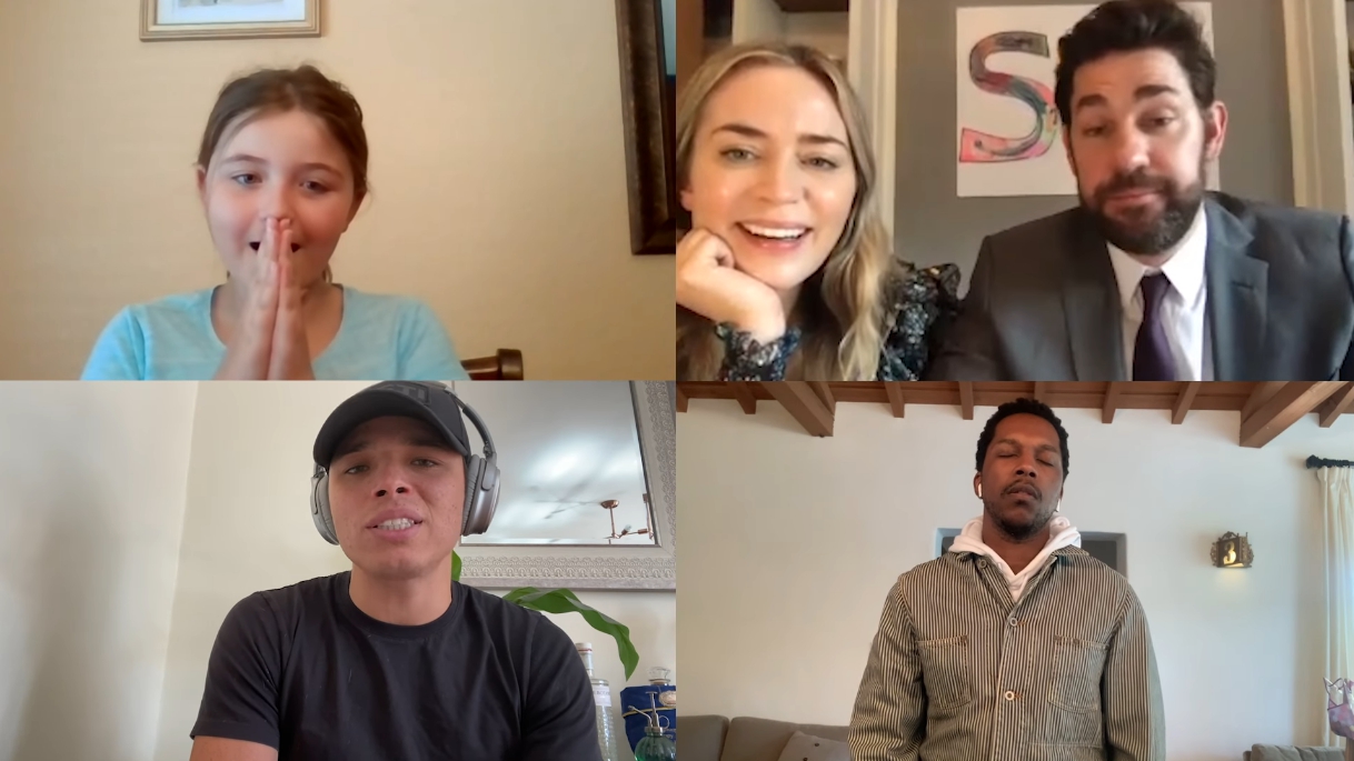 約翰卡拉辛斯基和他的妻子艾蜜莉布朗（右上）圓了一個9歲小女孩（左上）的生日夢想。（翻攝自SomeGoodNews Youtube頻道）