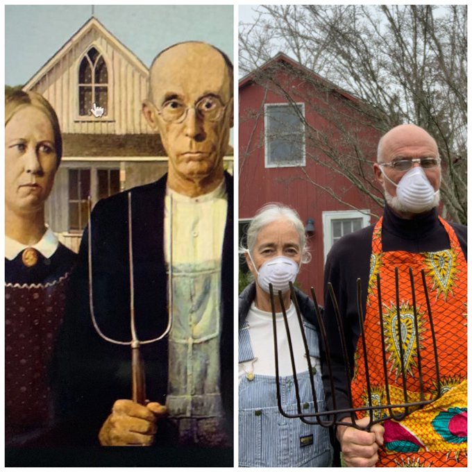 民眾居家隔離，美術館閉館，美國蓋蒂博物館在網路上發起利用居家用品複製名畫的活動。（網路截圖：Twitter。Chini A）