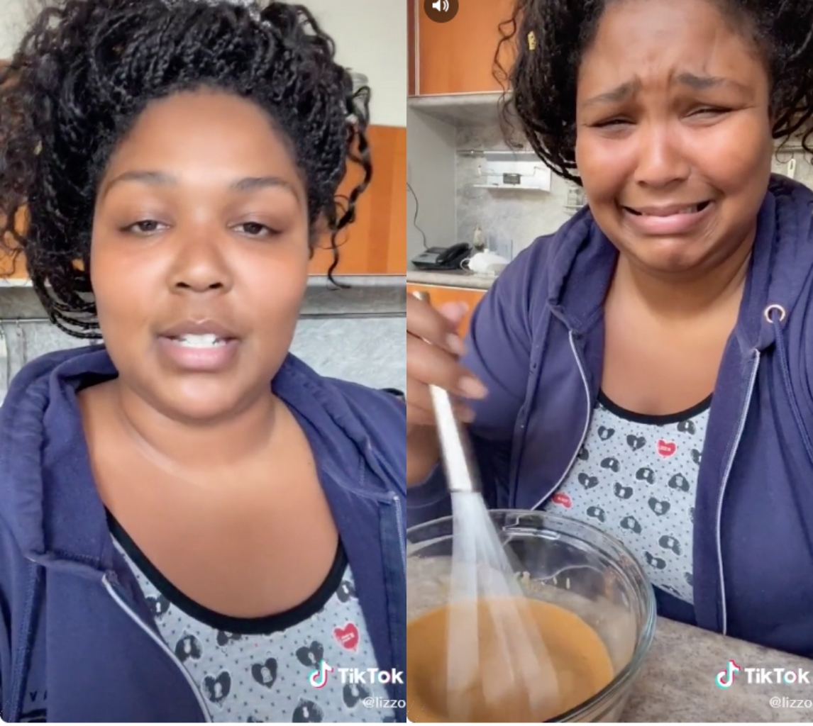 麗珠挑戰前(左)充滿自信,打到後來(右)就放棄人生。(翻攝自LIzzo官方Tik Tok)