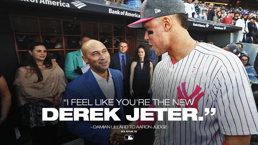 洋基球星「法官」賈吉（右）被看好成為前隊長基特（左）的接班人。（翻攝自MLB推特）