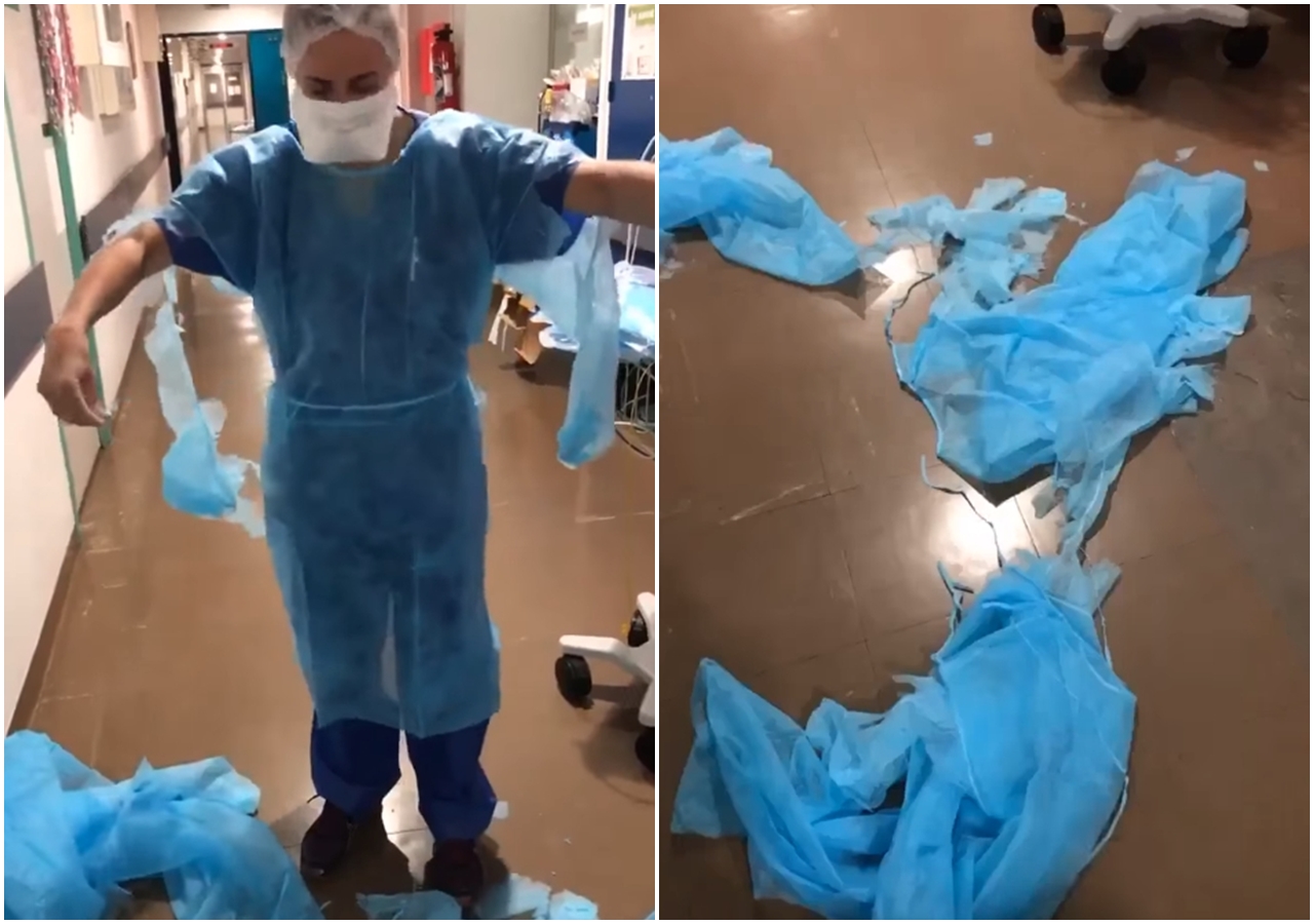 日前中國才被爆出給別國的檢驗試劑、口罩品質不佳等問題，現在網路上又瘋傳給法國的防護衣，才剛穿上去就破的影片。（翻攝自臉書）