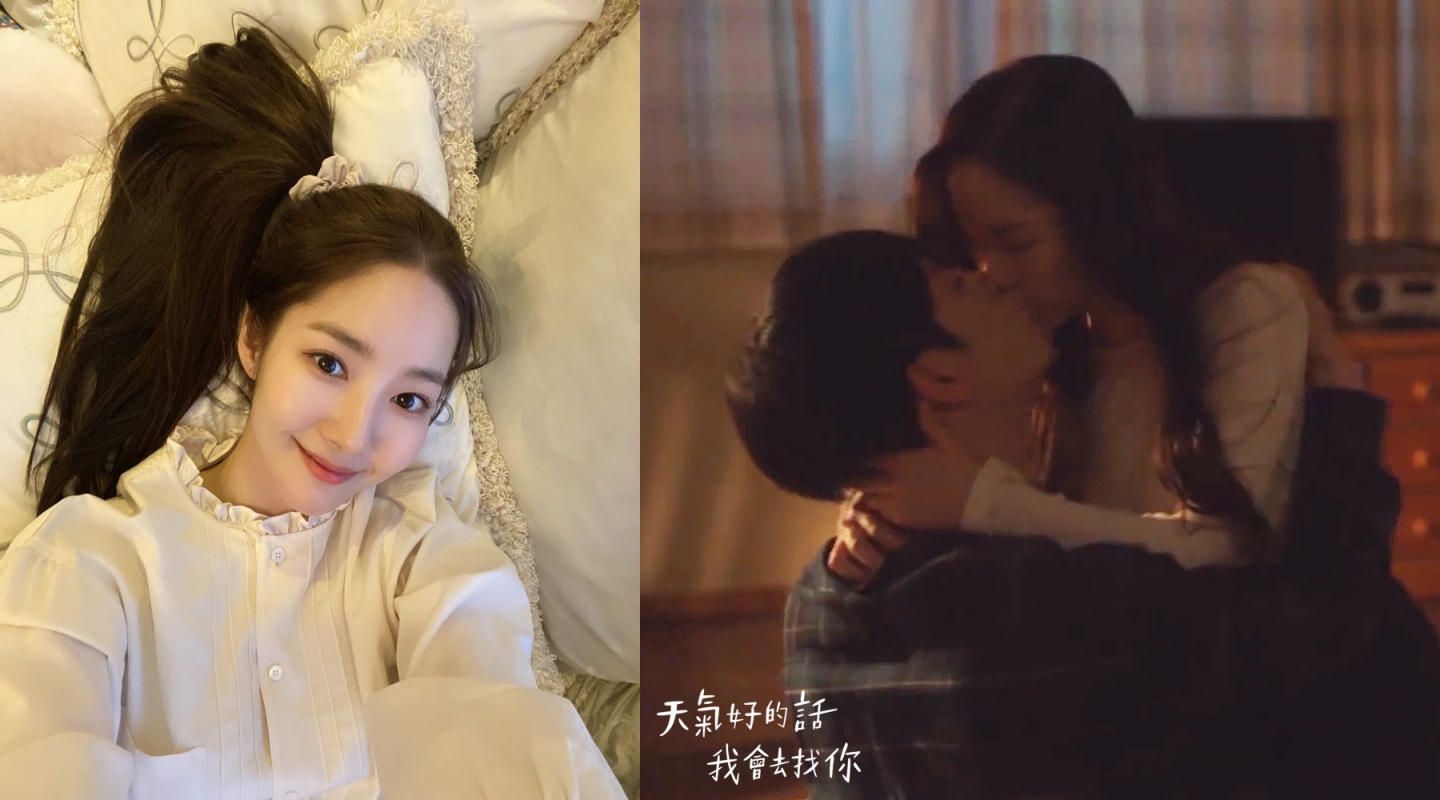 朴敏英高馬尾自拍，無死角完美臉蛋教人羨慕，她與徐康俊在《天氣好的話，我會去找你》終於滾床單啦。（左圖翻攝朴敏英IG，右為愛奇藝台灣站提供）