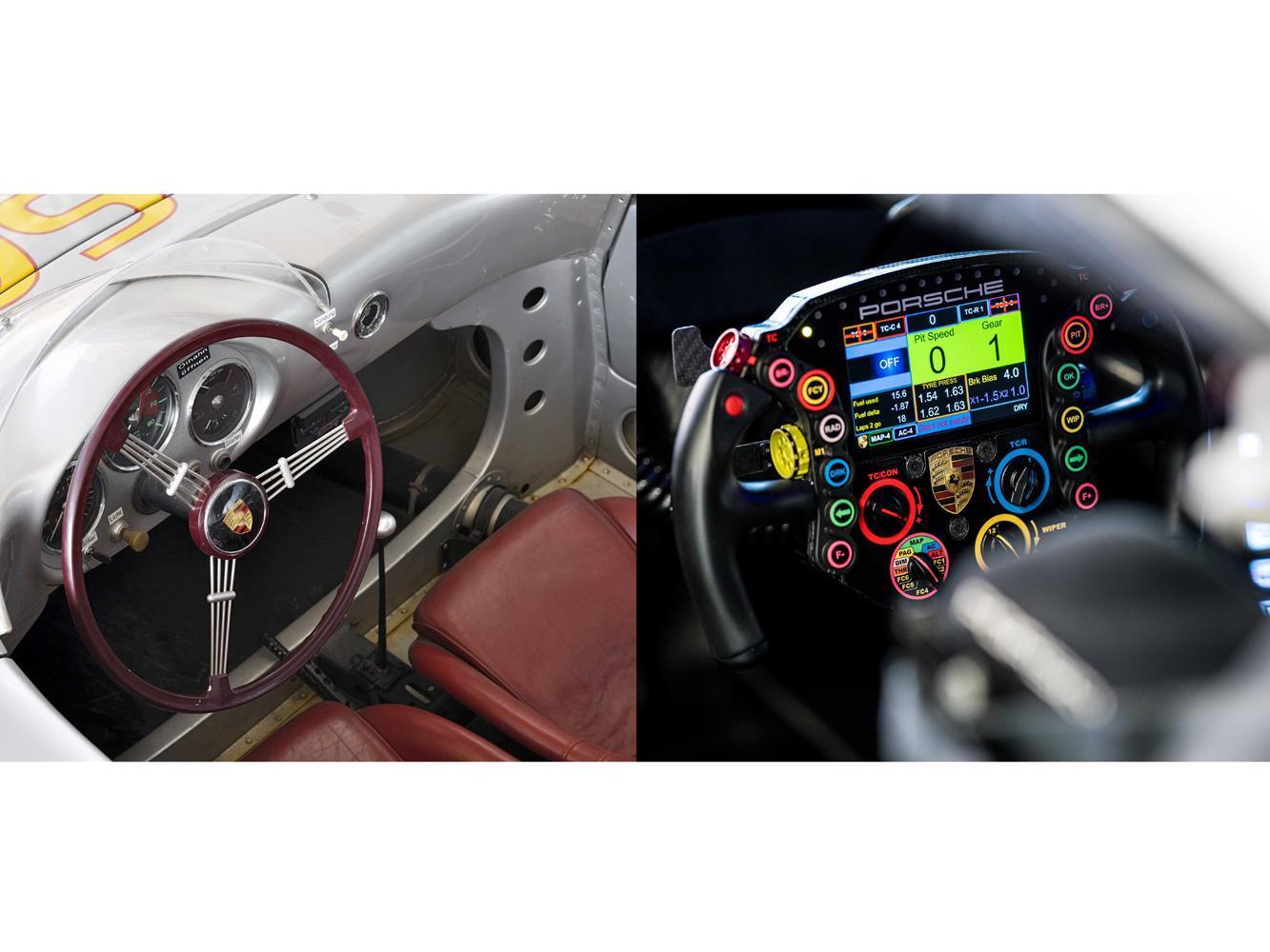 (左)1954年Porsche 550 Spyder方向盤與(右)2020年Porsche 911 RSR-19(l-r)方向盤。