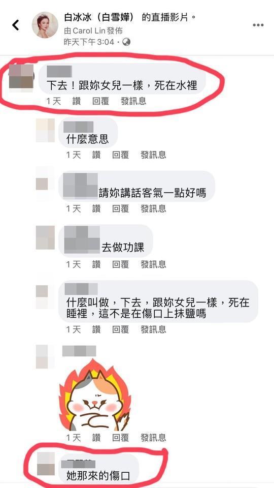 雷姓網友下惡咒，說「下去！跟妳女兒一樣，死在水裡」，引起其他網友出聲。翻攝自白冰冰粉專）