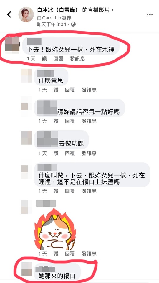 雷姓網友下惡咒，說「下去！跟妳女兒一樣，死在水裡」，引起其他網友出聲。翻攝自白冰冰粉專）