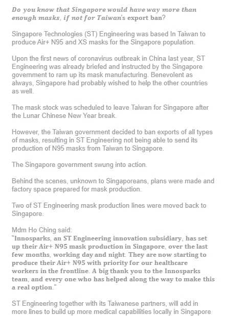 新加坡粉專控「台灣劫持口罩」，目前文章已下架。（翻攝自臉書Singapore Matters）