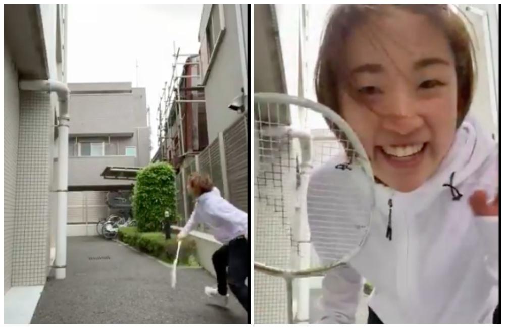 日本羽球女單好手奧原希望昨在家附近巷子內練球。(翻攝自奧原希望推特)