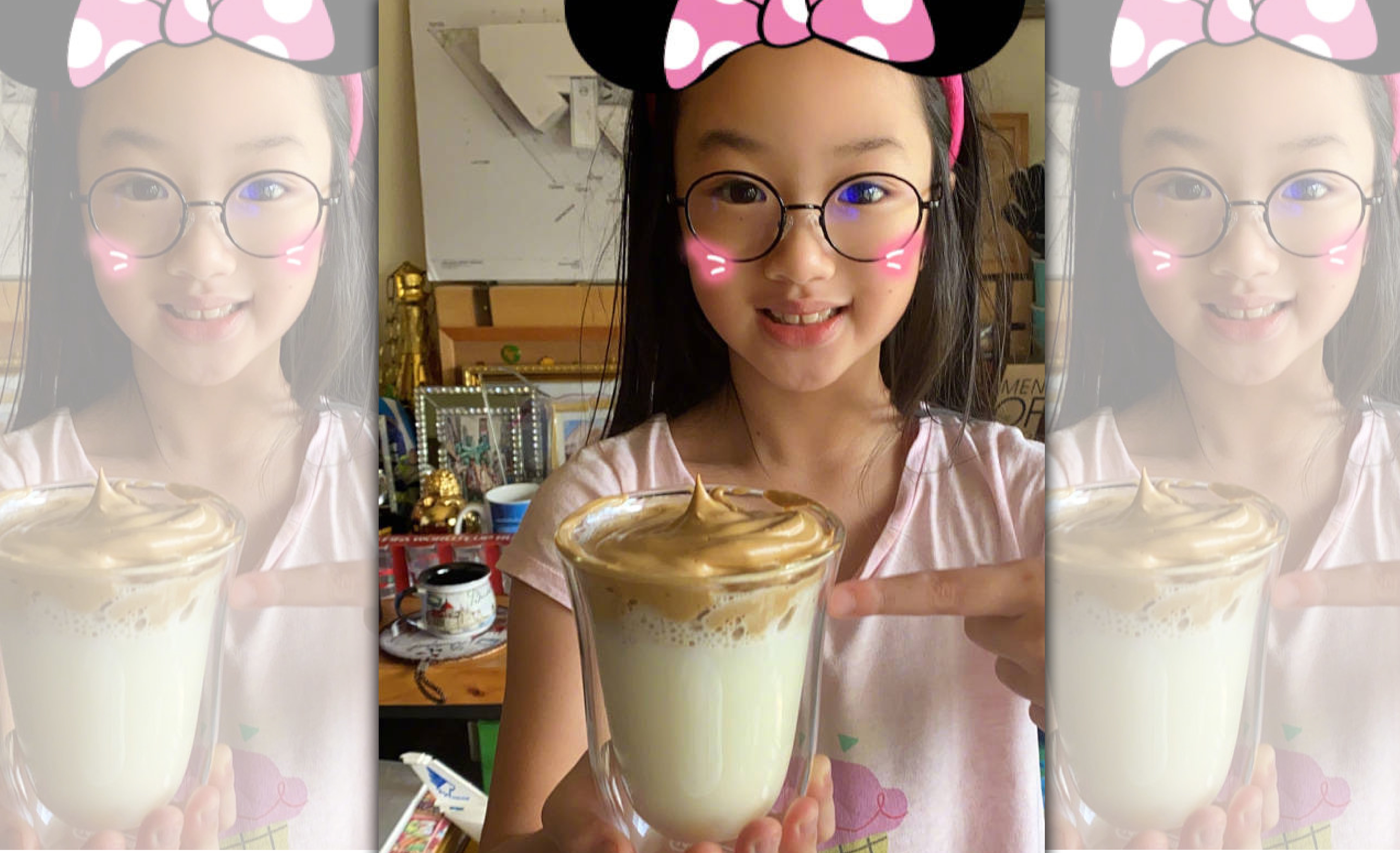 Nei Nei這回挑戰近期網上熱爆的「400次咖啡」，看來是似模似樣。（翻攝自吳尊微博）