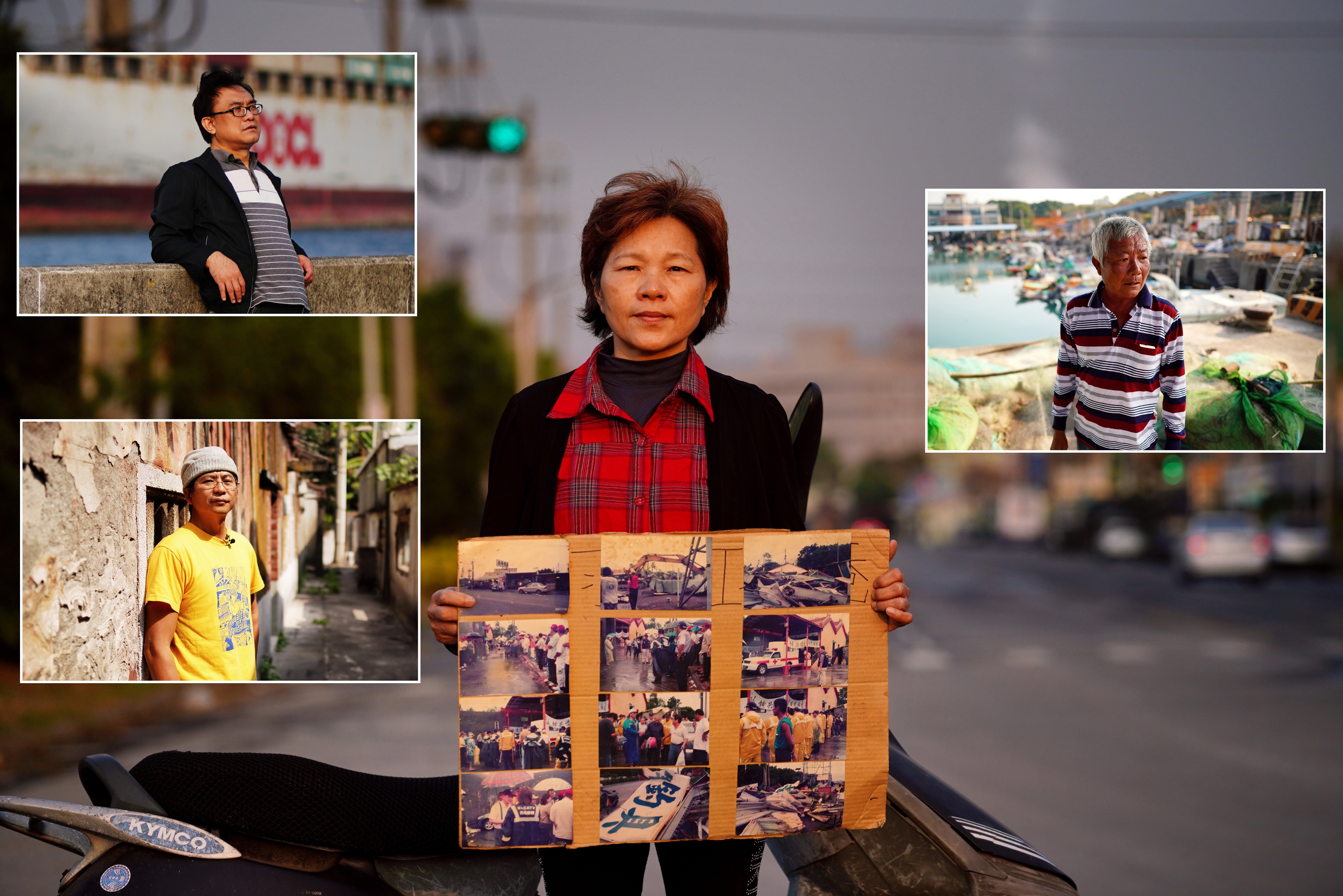 洪芳騏（大圖）在遷村後持續陳情，楊光達（左上圖）認為遷村造成的結果是滅村，無業的梁月亮（左下圖）協助保存紅毛港與大林蒲的歷史文化，吳大頭（右圖）在遷村後無法繼續討海。