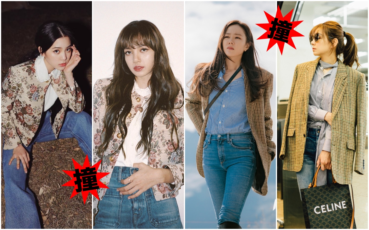 （左起）歐陽娜娜與Lisa穿著相同懷舊玫瑰緹花圖案獵裝外套、孫藝珍與Ella的威爾斯格紋雙排釦外套也是同款服裝。
