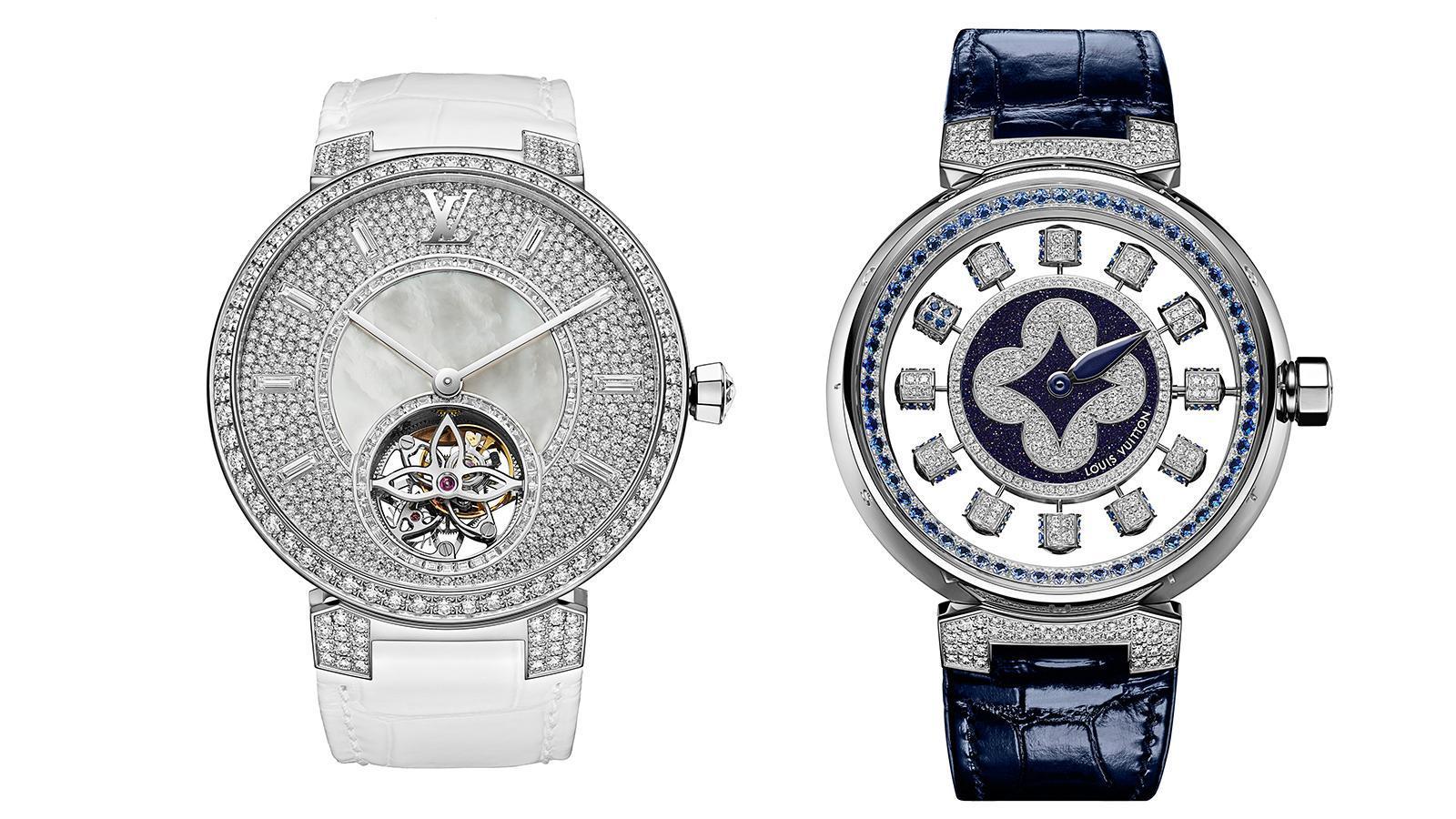 （左）Tambour Slim Tourbillon Auto Blanche｜錶徑38mm、18K白金材質、時間指示、飛行陀飛輪裝置、LV 80自動上鏈機芯、鑲嵌731顆鑽石（約5.39克拉）、防水50米。（右）Tambour Spin Time Air Aventurine｜錶徑42.5mm、18K白金材質、時間指示、LV 88自動上鏈機芯、鑲嵌425顆鑽石（約2.3克拉）、防水50米