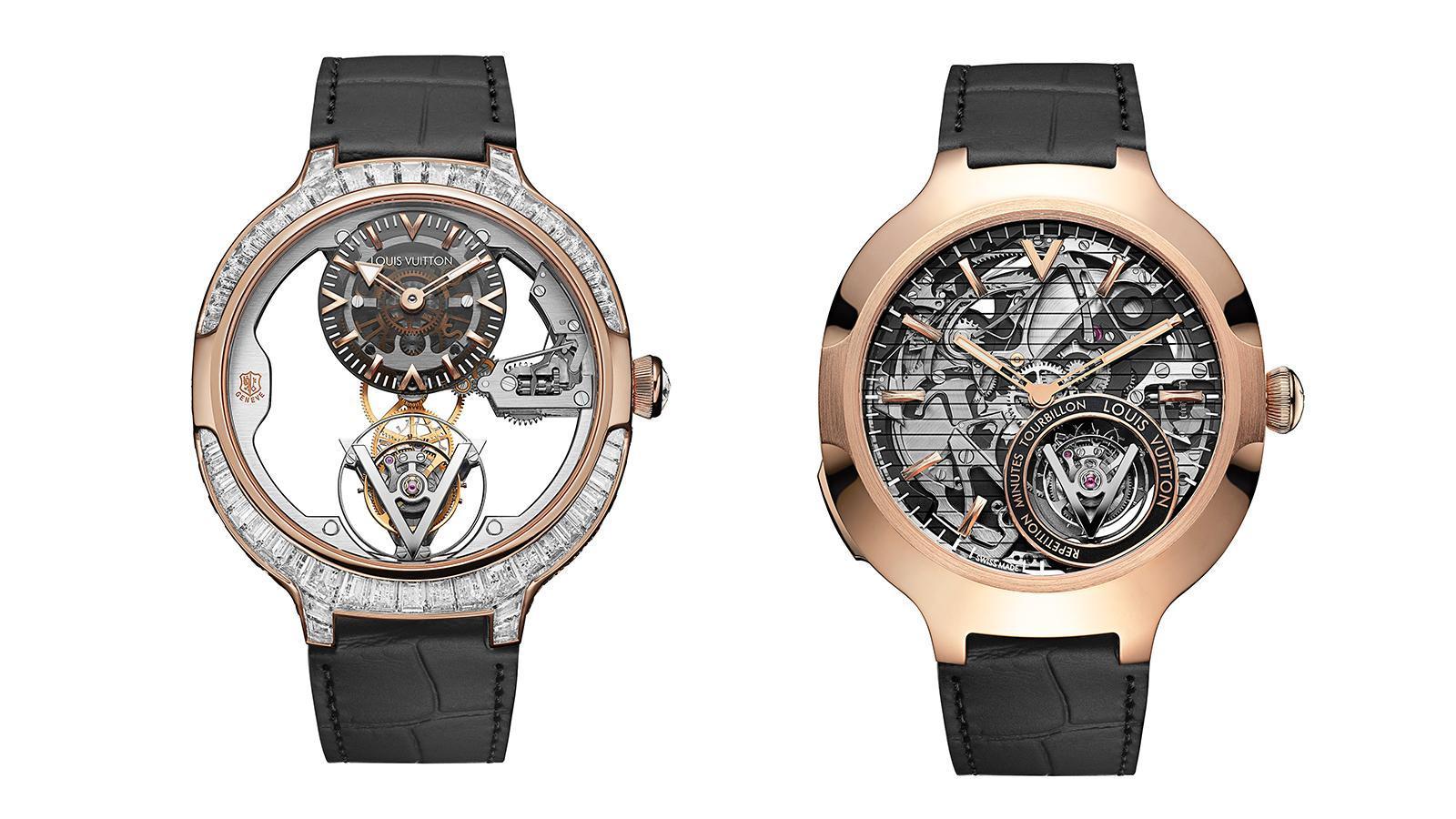 （左）Voyager日內瓦印記飛行陀飛輪玫瑰金鑽錶｜錶徑41mm、18K玫瑰金材質、時間指示、飛行陀飛輪裝置、LV 104手上鏈機芯、鑲嵌147顆鑽石（約10.43克拉）、防水50米。（右）Voyager飛行陀飛輪三問玫瑰金腕錶｜錶徑42mm、18K玫瑰金材質、時間指示、飛行陀飛輪裝置、三問功能、LV 100手上鏈機芯、防水30米