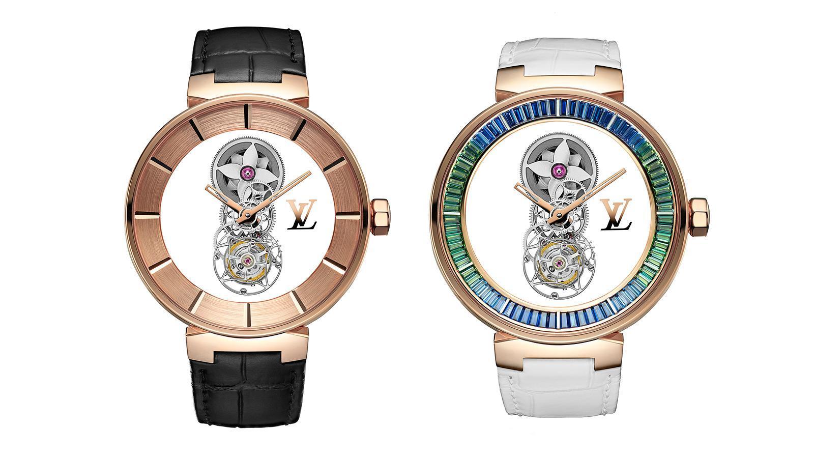 （左）Tambour Moon Mystérieuse Or Rose｜錶徑45mm、18K玫瑰金材質、時間指示、飛行陀飛輪裝置、LV 110手上鏈機芯、可客製化錶背、防水50米。（右）Tambour Moon Mystérieuse Saphirs Rainbow Lagoon｜錶徑45mm、18K玫瑰金材質、時間指示、飛行陀飛輪裝置、LV 110手上鏈機芯、可客製化錶背、鑲嵌72顆藍寶石（約3.38克拉）、防水50米