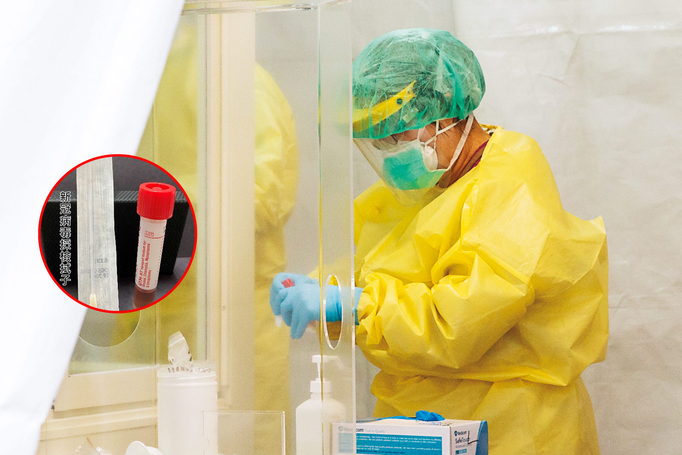 全國各地社區採檢院所已有163家，清明連假人潮鎖定採檢共791人全都陰性，讓第一階段社區感染警報暫時解除。小圖為新冠病毒採檢拭子（資料照）。