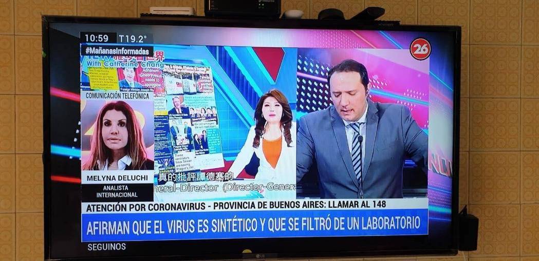 張雅琴反駁譚德塞的新聞畫面遭南美洲電視台引用。（翻攝自張雅琴臉書）