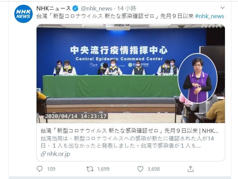 《NHK》昨日報導日本零確診的好消息,引來上百個日本網友留言、分享次數更是近2000次。(翻攝NHK推特)
