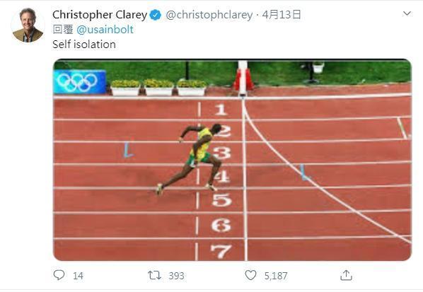 《紐約時報》的全球體育專欄作家克拉瑞（Christopher Clarey）則張貼另一張照片，畫面是波特獨自一人跑在前頭，寫著「自我隔離」（Self isolation）。（翻攝自推特）