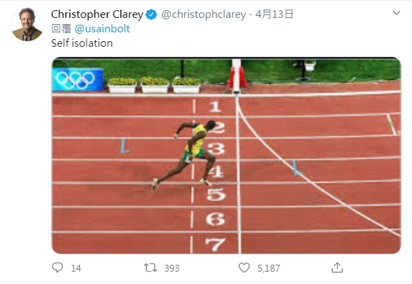 《紐約時報》的全球體育專欄作家克拉瑞(Christopher Clarey)則張貼另一張照片,畫面是波特獨自一人跑在前頭,寫著「自我隔離」(Self isolation)。(翻攝自推特)