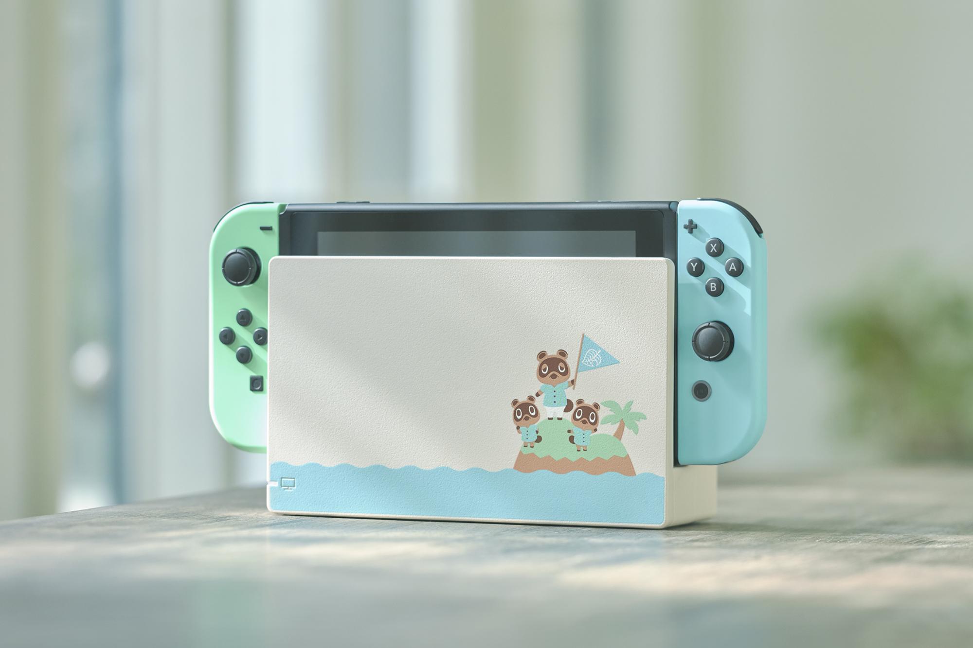 日本任天堂終於宣布好消息，將從本週開始陸續恢復Switch及Switch Lite供貨，限定版的《動物森友會》主機（圖）也將在4月底開始出貨。（翻攝自任天堂官網）