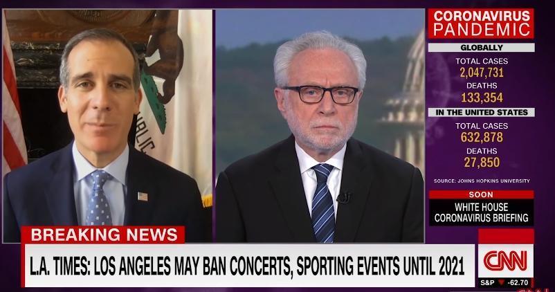 洛杉磯市長賈西迪接受《CNN》訪問時表示,除非有疫苗或是藥物問世,否則2021年前洛杉磯不會舉辦大型活動。(翻攝自CNN Youtube頻道)