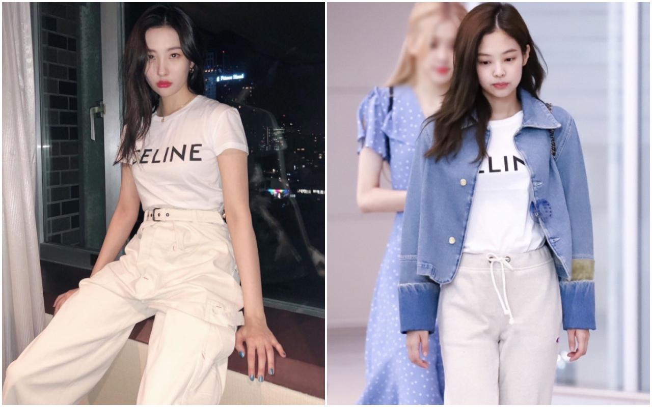 韓國女歌手李宣美(左)與BLACKPINK Jennie都喜愛白色棉質LOGO T-Shirt。NT$13,000(CELINE提供)
