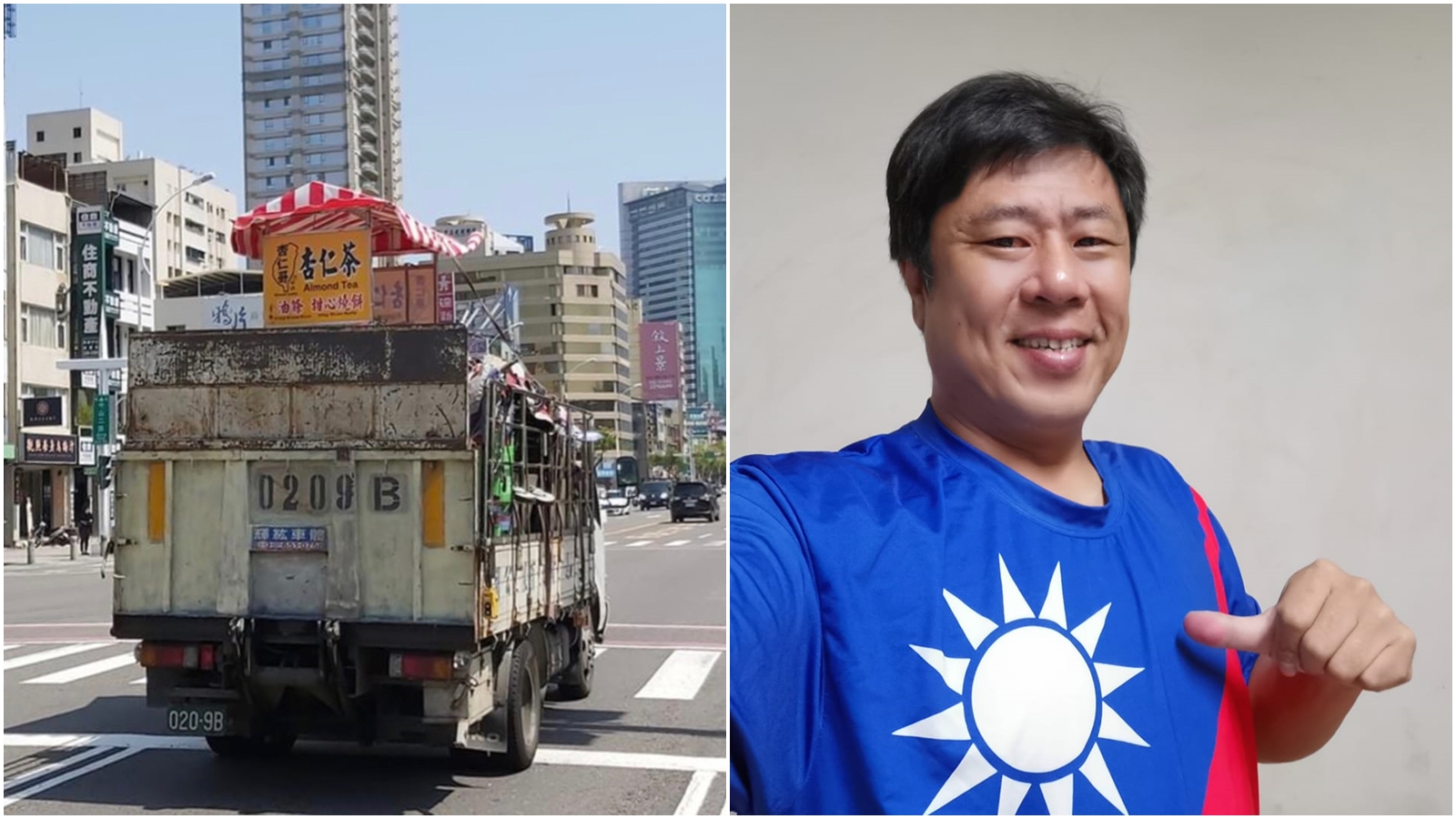 挺韓大將「杏仁哥」的攤車被網友目擊遭資源回收車載走。（合成圖，翻攝自PTT、杏仁哥臉書）