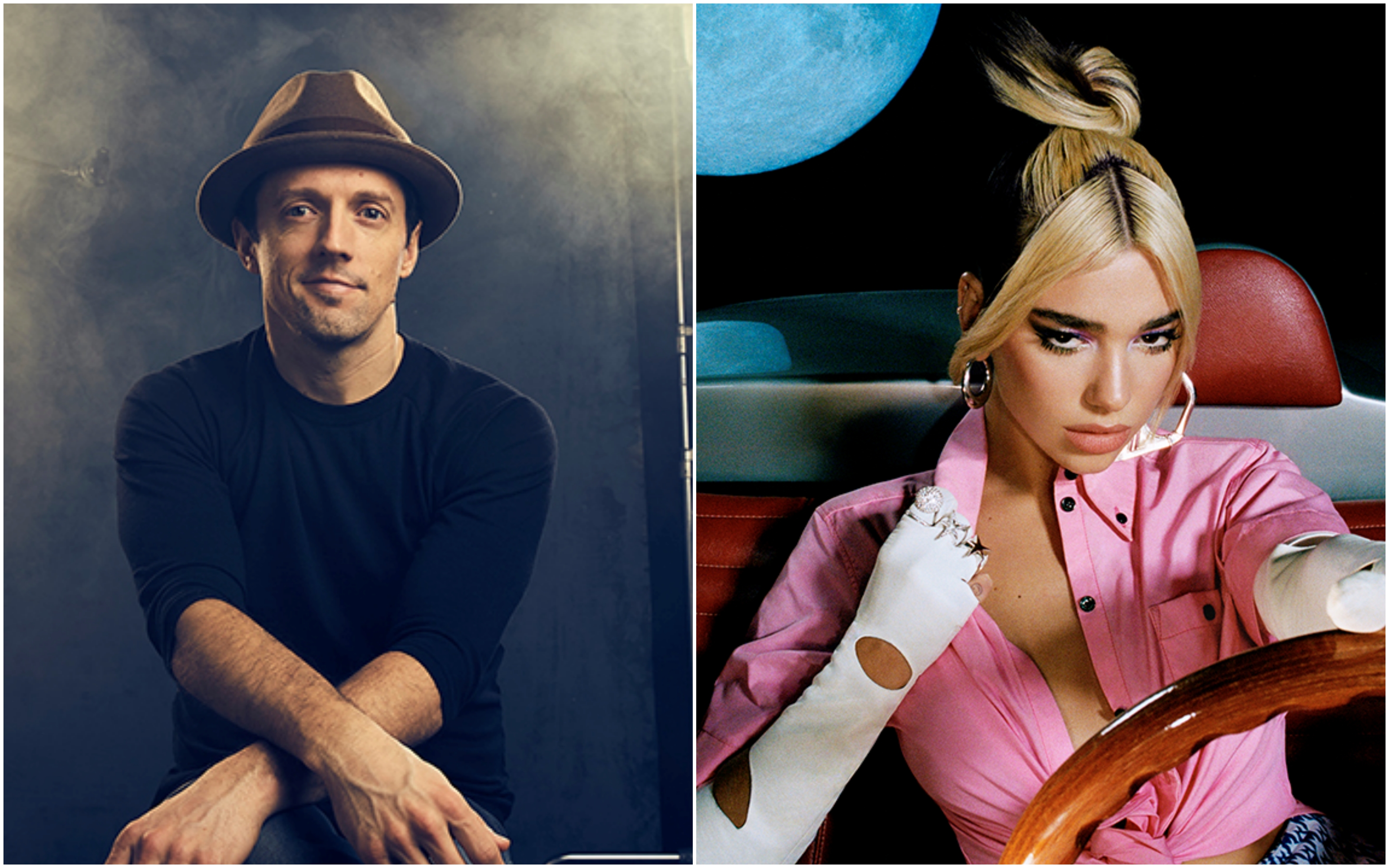 傑森瑪耶茲（左）透過直播和粉絲聊天，消解在家隔離的苦悶；杜娃黎波（右）則是在家演唱新歌。（華納音樂提供）