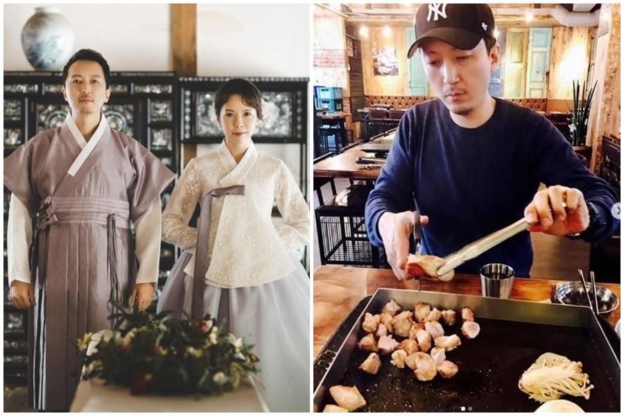 天心(左圖右)與韓籍攝影師金英敏(左圖左)結婚4年,近日在IG曝光和老公一起吃韓式烤肉的照片。(福隆經紀公司提供、翻攝自天心IG)