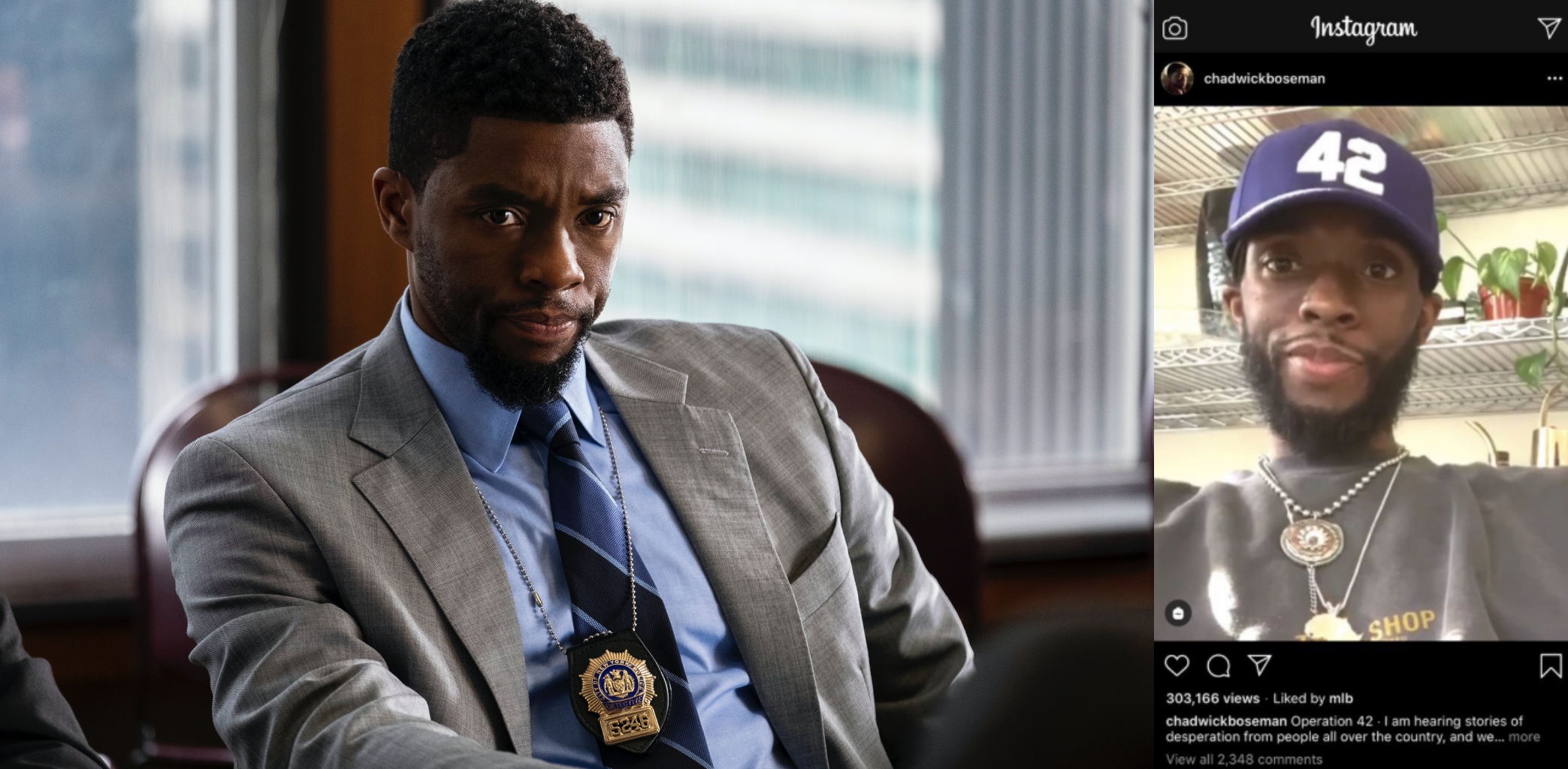 查德維克博斯曼（左）在去年電影《暴走曼哈頓》的造型，跟他日前在Instagram的爆瘦差很多，讓粉絲嚇壞。（威望國際提供、翻攝自Chadwick Boseman官方Instagram）