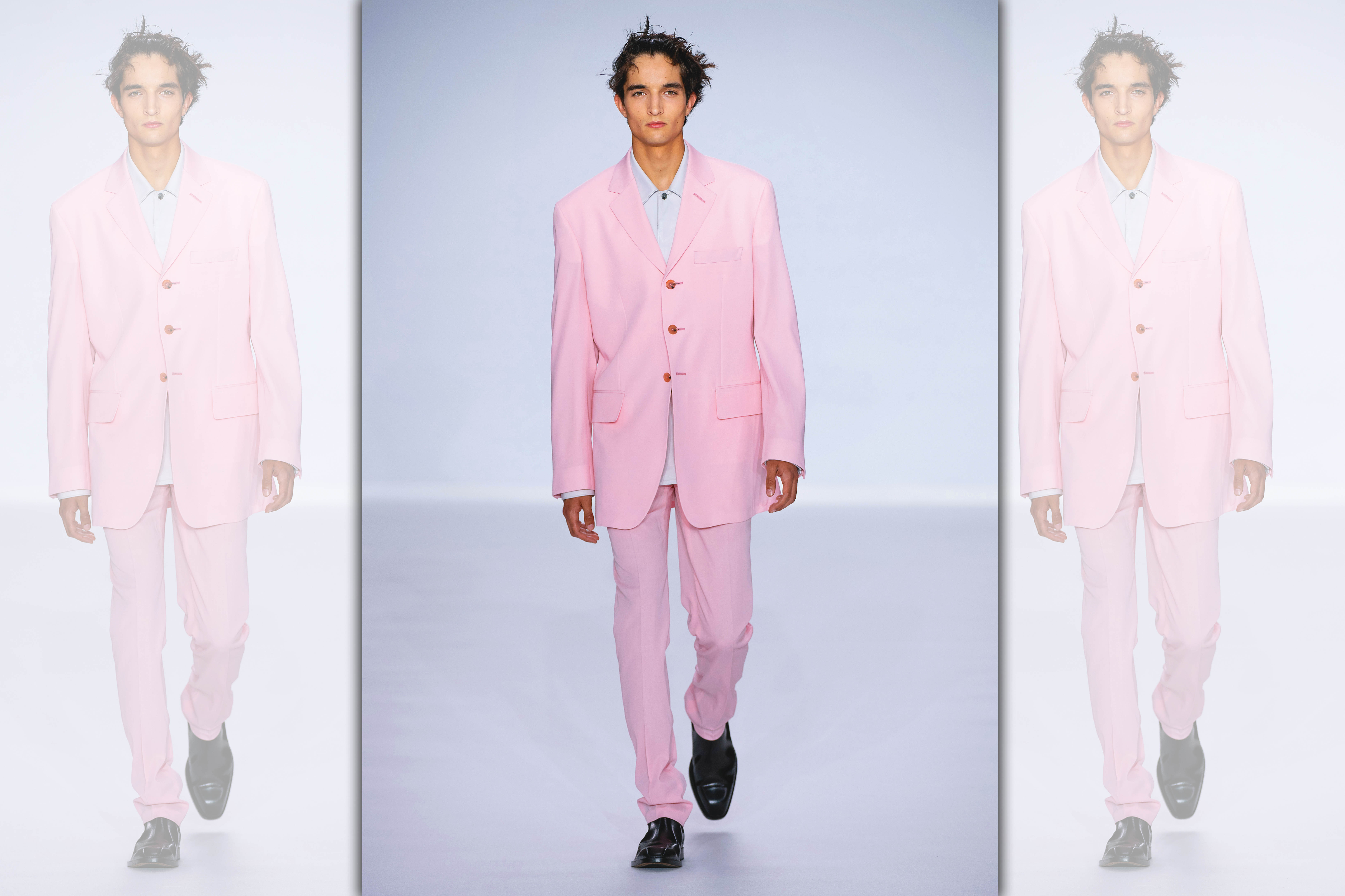 2020春夏的Paul Smith男人，能將粉紅色完美駕馭，同時透過服裝搭配為視覺效果捎來幾分沁涼。西裝外套 NT$49,500、粉色長褲 NT$20,300。（藍鐘提供）