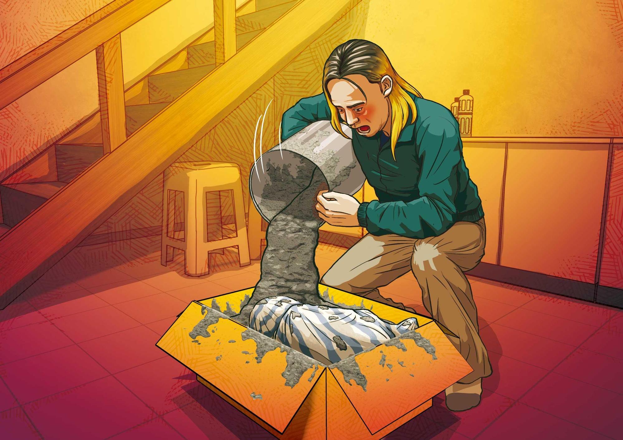 阿宏將女童屍體放入紙箱,並倒入水泥封屍。(圖為示意畫面)