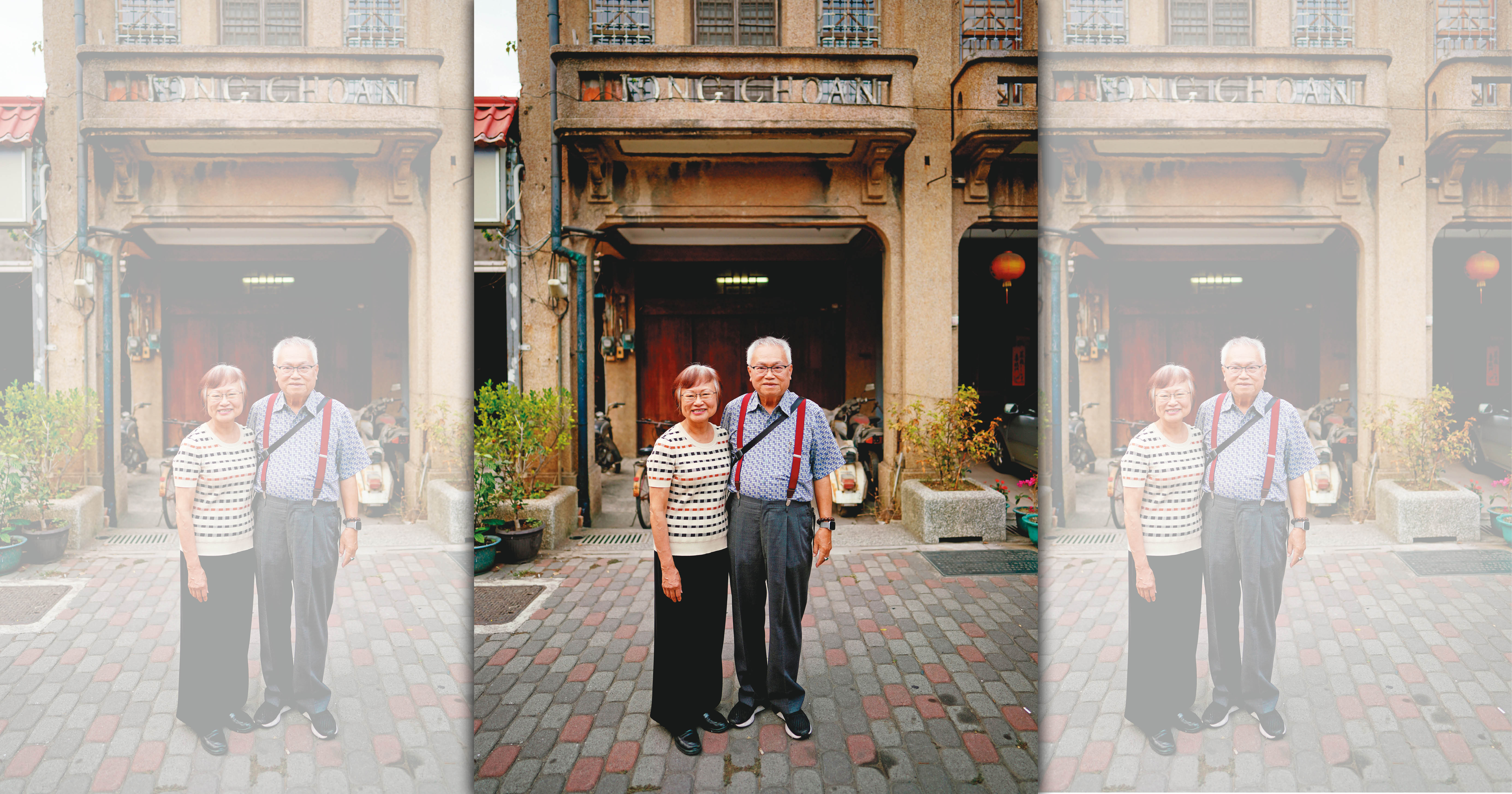 李雅容(左)與丈夫胡明和在童年故居門口合照。