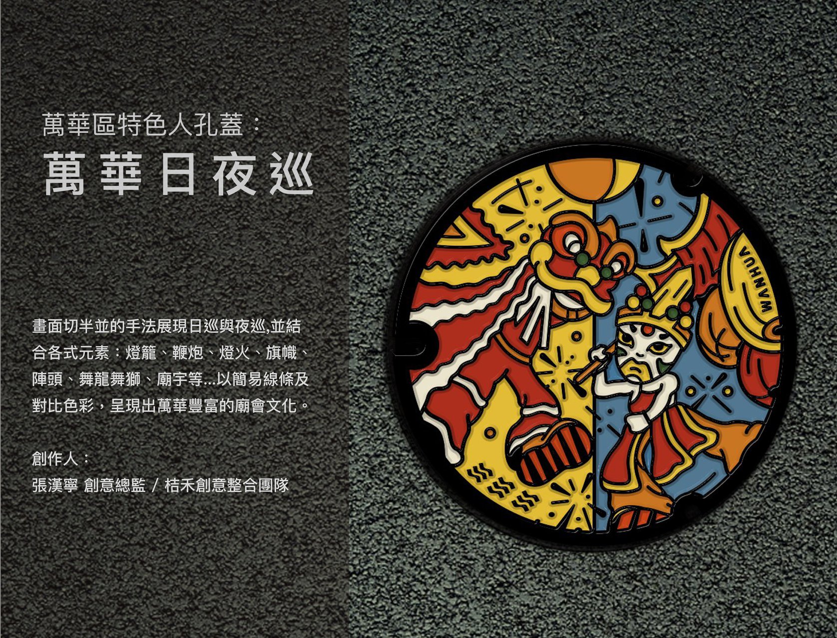 萬華區特色人孔蓋「萬華日夜巡」(取自臺北蓋水粉絲專頁)