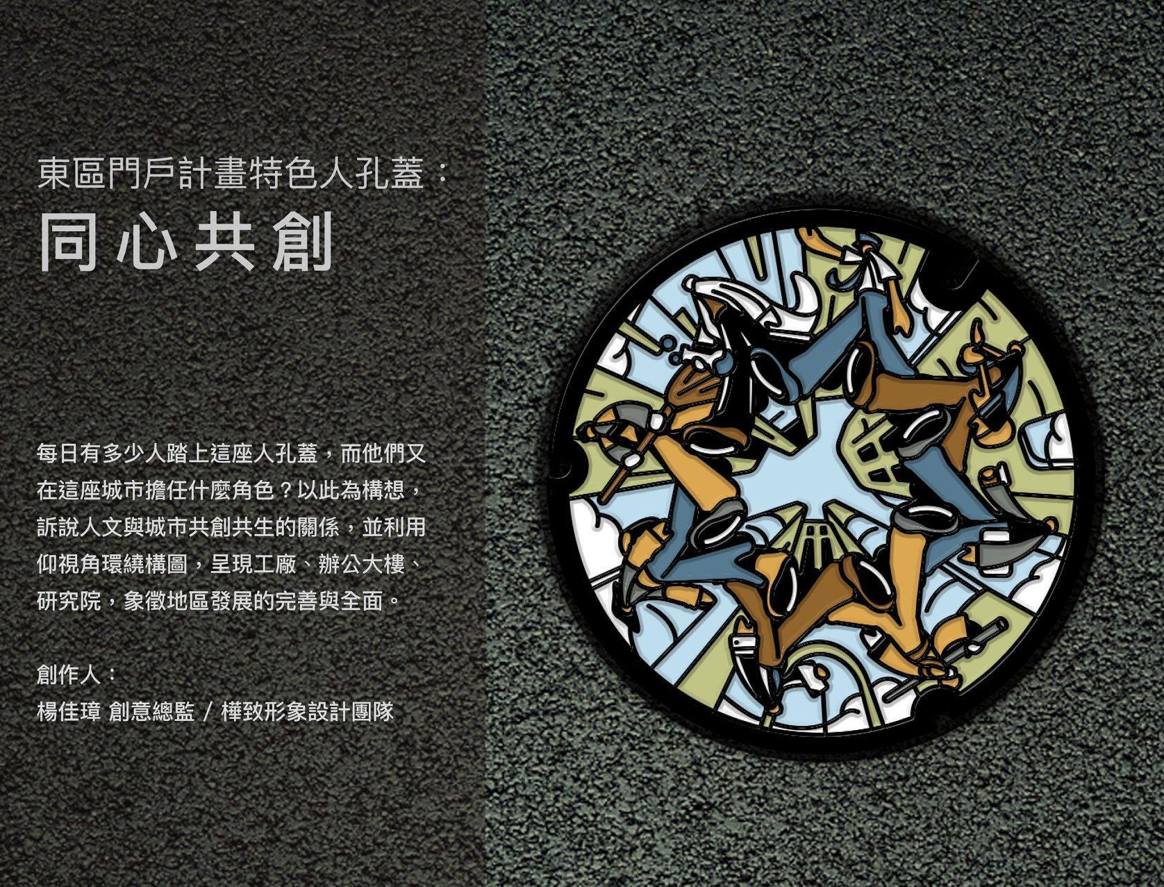 南港區特色人孔蓋「同心共創」（取自臺北蓋水粉絲專頁）