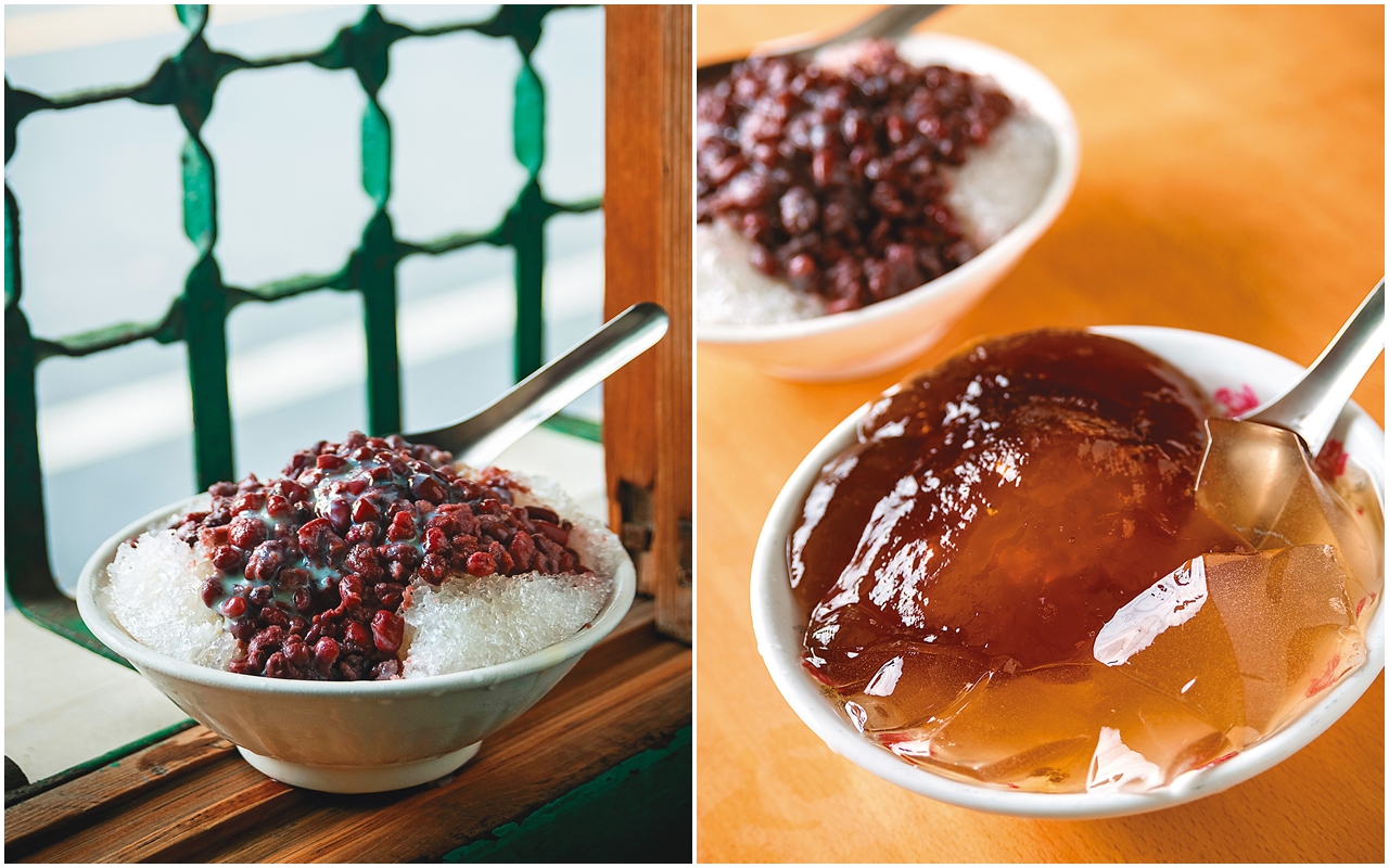 進入炎炎夏日，老闆娘推薦可品嘗阿里山愛玉搭配黑糖粉粿的剉冰（右，40元／碗），還有因為《想見你》爆紅後，許多粉絲來店裡必點這碗「紅豆牛奶冰」（左，50元／碗）。