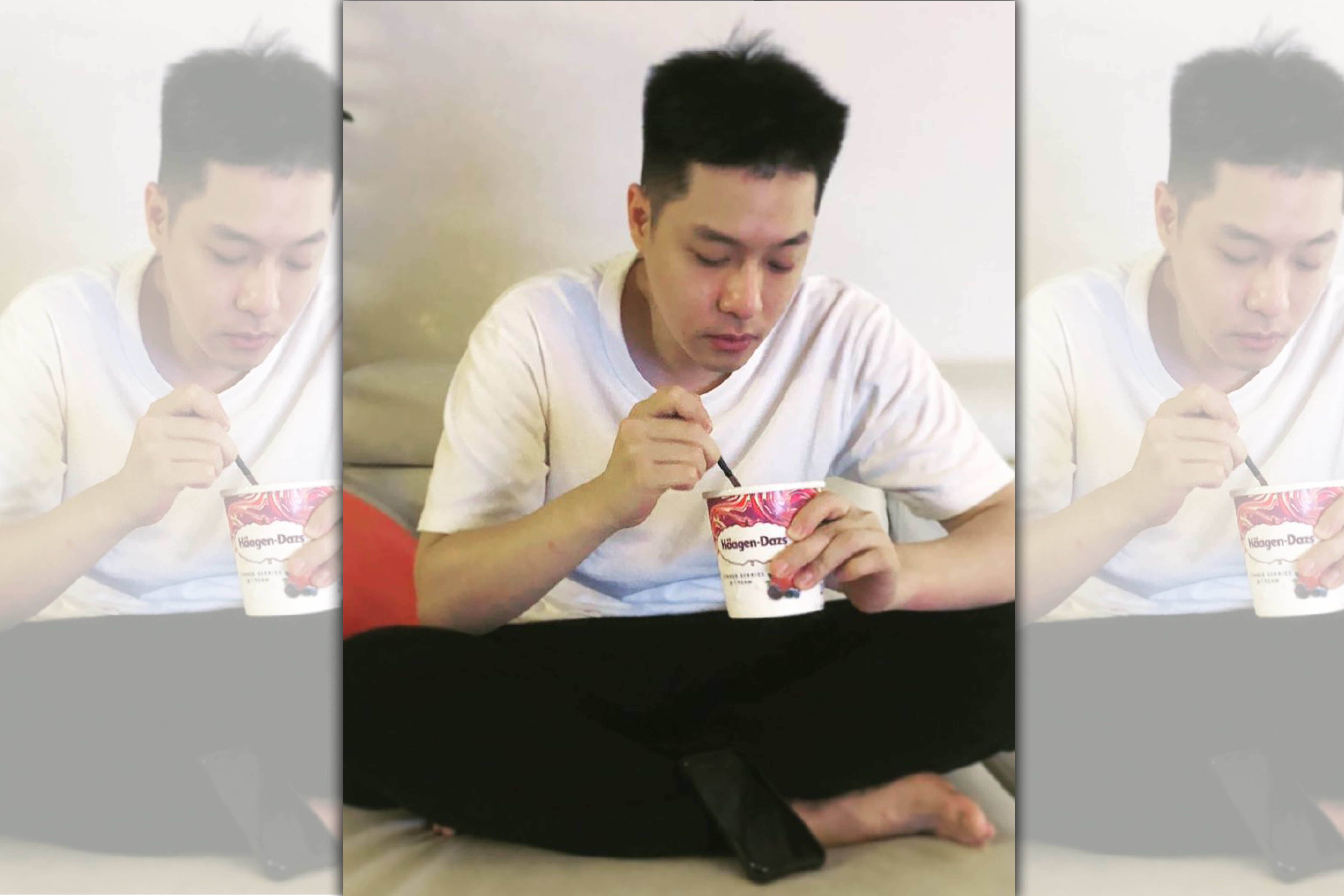 周湯豪手拿冰淇淋，說這是媽媽比莉拍的，意圖呈現兒子的失業吃肥照。（翻攝自周湯豪IG）