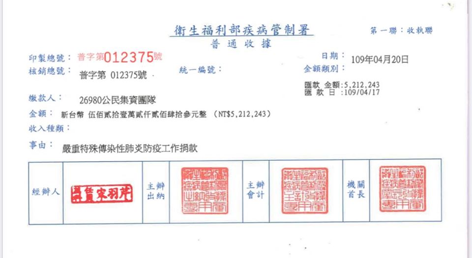 「26980公民集資團隊」捐款521萬2,243元給疾管署。（翻攝自林祖儀臉書）