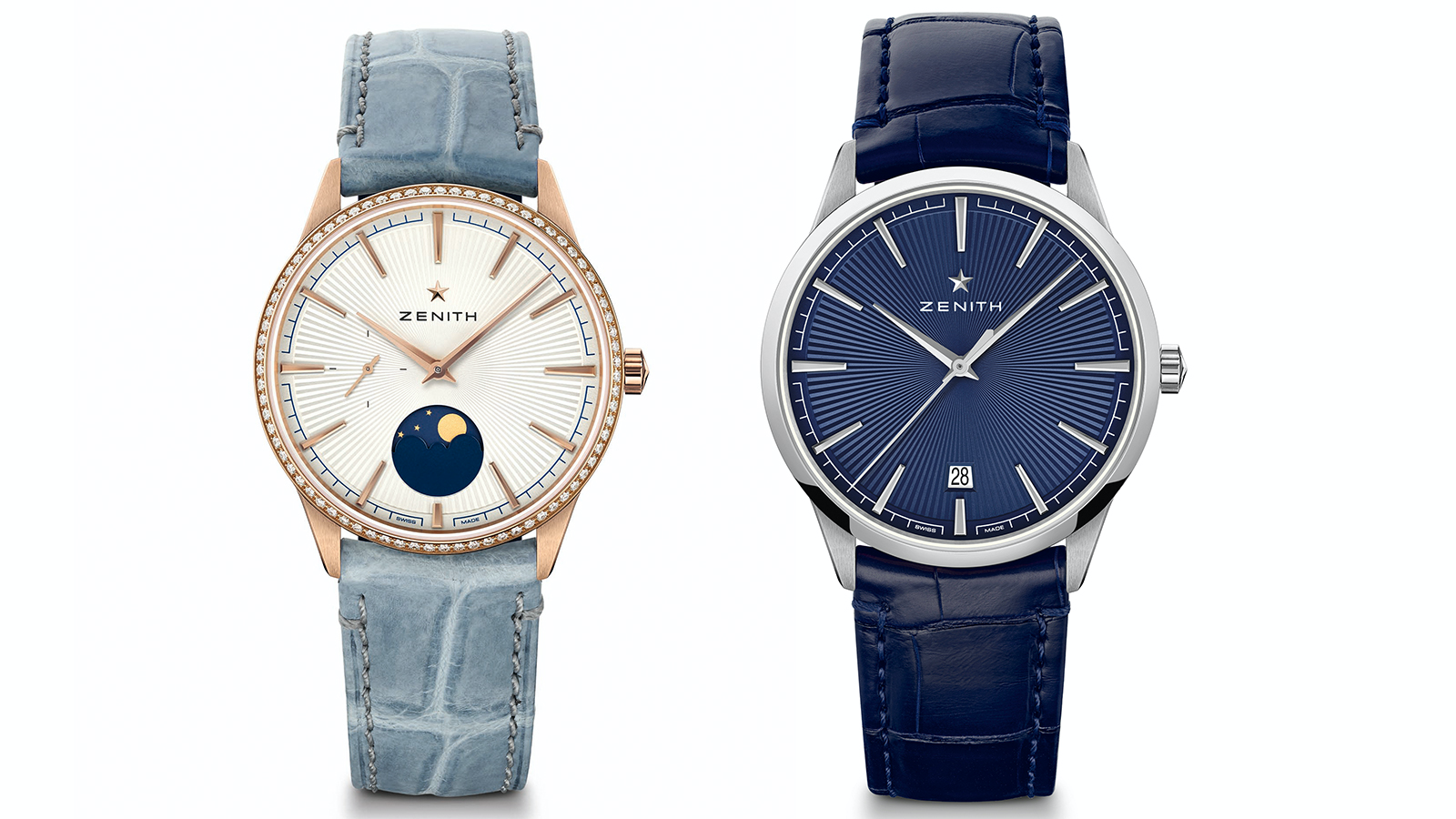 （左）錶徑36mm、18K玫瑰金錶殼、時間及月相盈虧指示、Elite 692自動上鏈機芯、錶圈鑲鑽75顆（約0.60克拉）、防水50米、建議售價NTD 510,900（右）錶徑40.5mm、不鏽鋼錶殼、時間及日期指示、Elite 670 SK自動上鏈機芯、防水50米、建議售價NTD 189,600