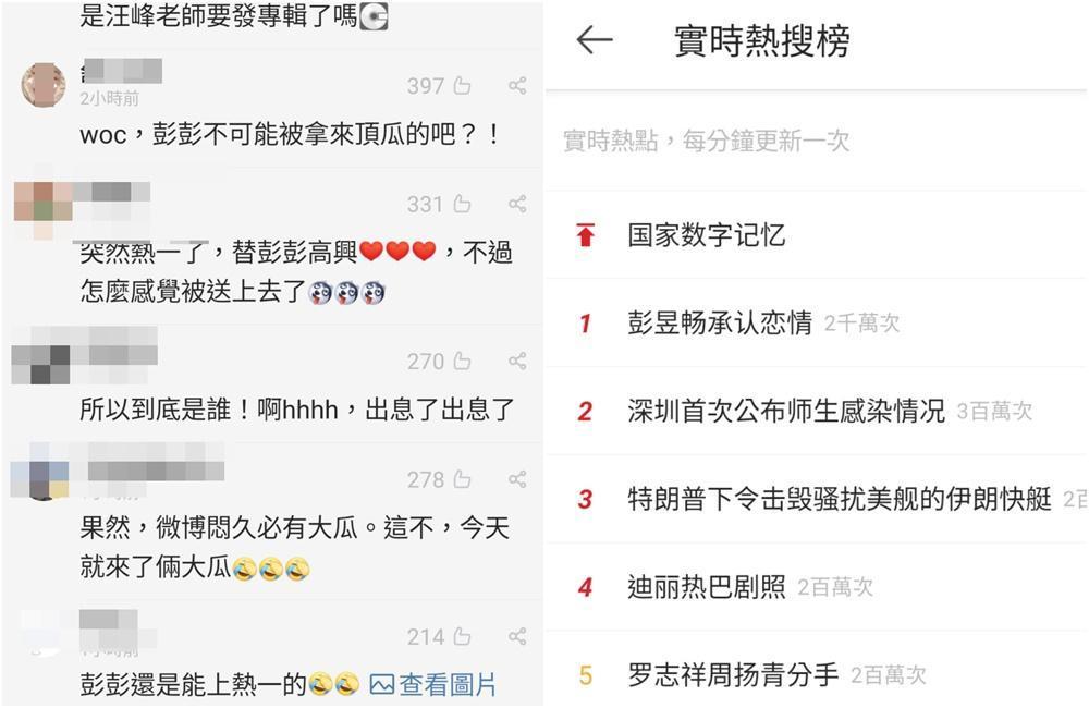 微博的實時熱搜,彭昱暢承認戀情高掛第一,羅志祥的八卦降到第5,不少人認為是有心人刻意把彭昱暢戀情話題拱上去。(微博圖片)