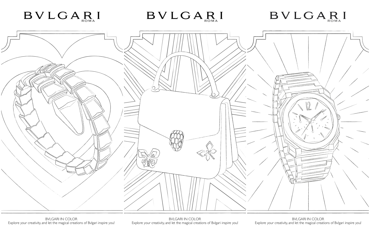 寶格麗著色圖有腕錶、皮件配飾、珠寶。（寶格麗提供）
