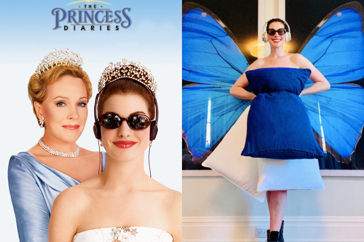 安海瑟薇以墨鏡、耳罩式耳機，重現蜜亞公主的造型，加入「枕頭挑戰」。（翻攝自Anne Hathaway官方Instagram）