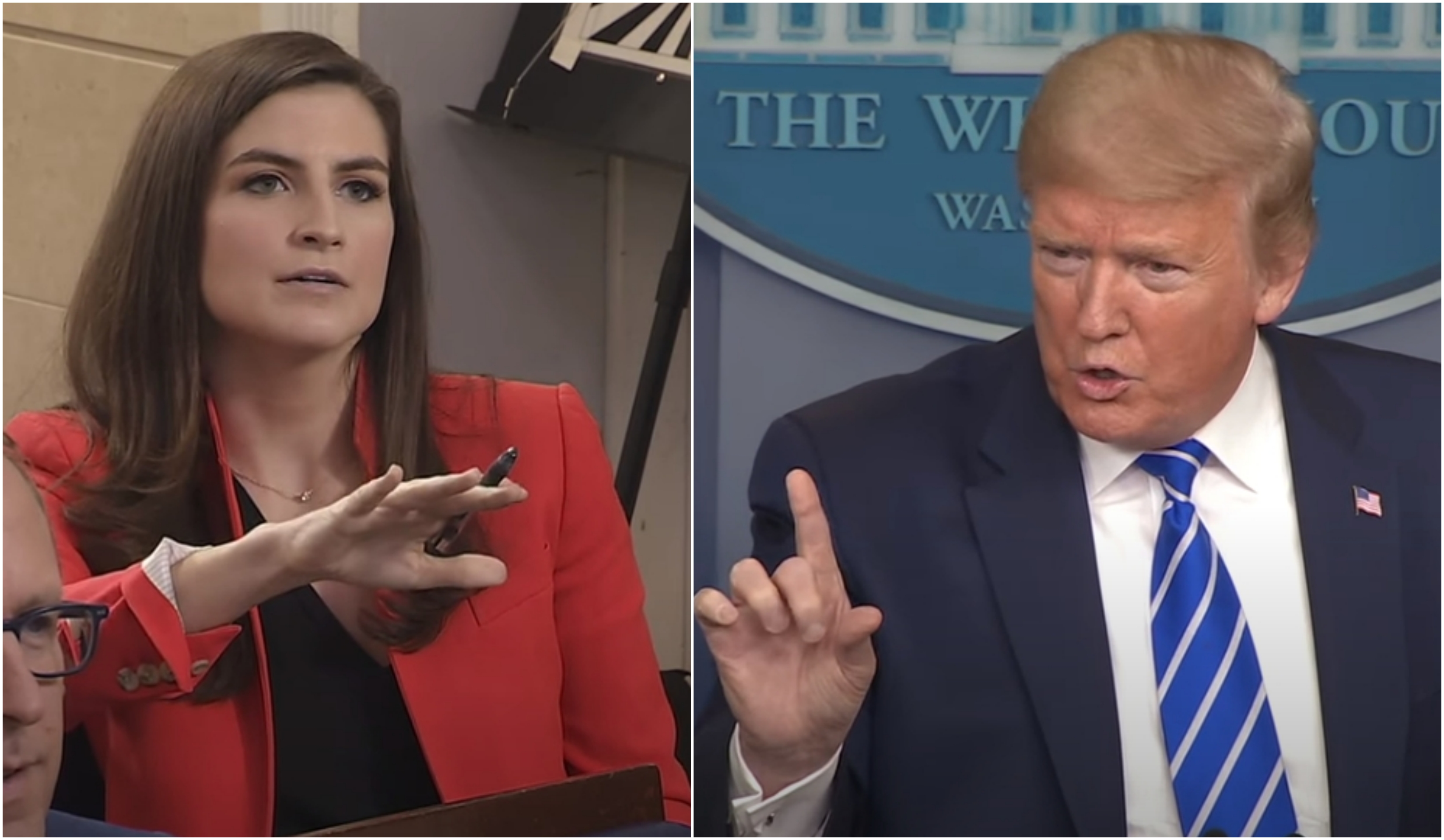 美國總統川普（右）在白宮記者會直接開嗆《CNN》記者（左）。（翻攝自The White House YouTube頻道）