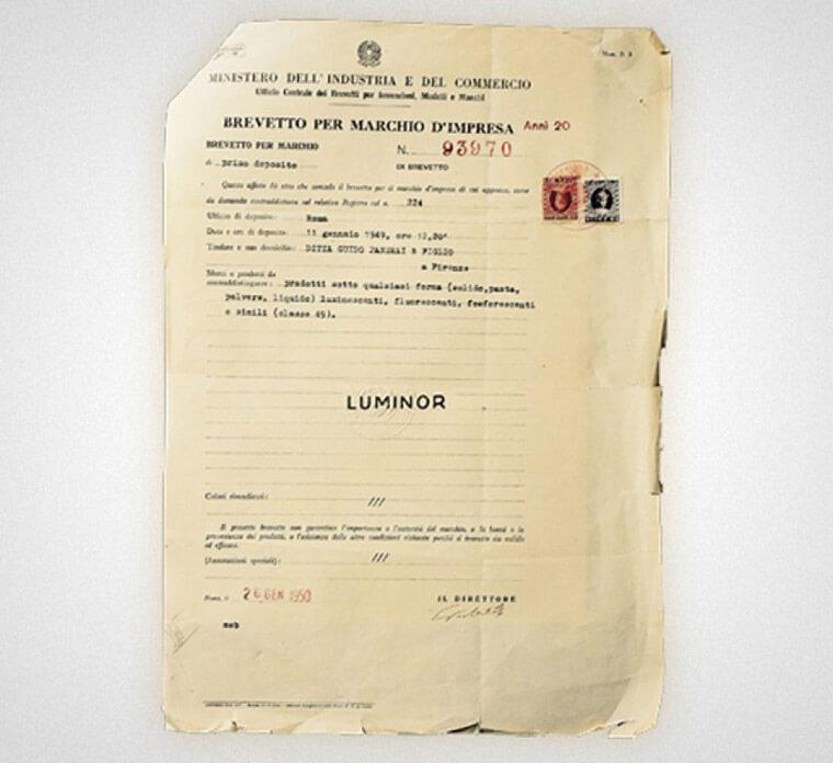 沛納海於1949年申請Luminor專利的證明文件。