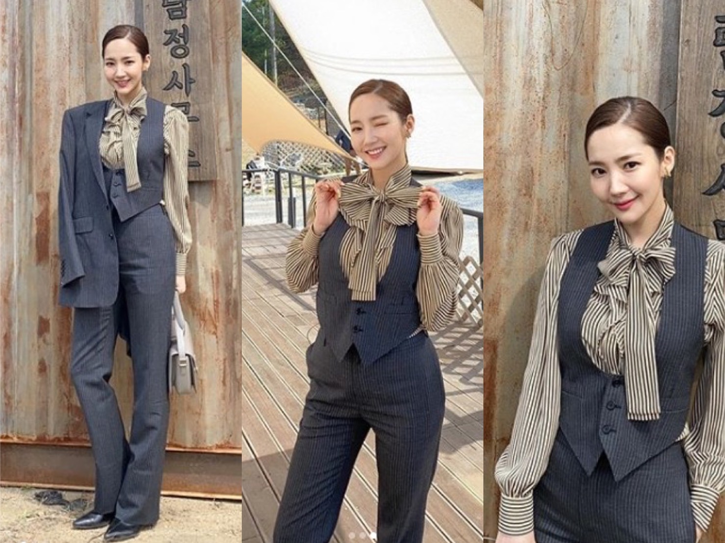 朴敏英參加《BUSTED！明星來解謎》，穿上CELINE深灰三件式西裝裝束搭配黑白條紋蝴蝶結上衣。（翻攝自朴敏英IG）