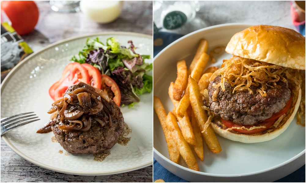 「漢堡排佐紅酒蘑菇醬汁」（左圖）使用香氣迷人的「乾式熟成55天漢堡肉」，肉汁和油脂都用來做成醬汁，一滴都不浪費。（160元／片）