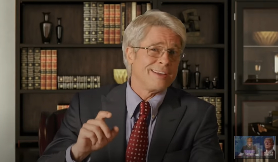 布萊德彼特模仿「美版陳時中」，吐槽川普防疫狂語。（翻攝自Saturday Night Live推特）