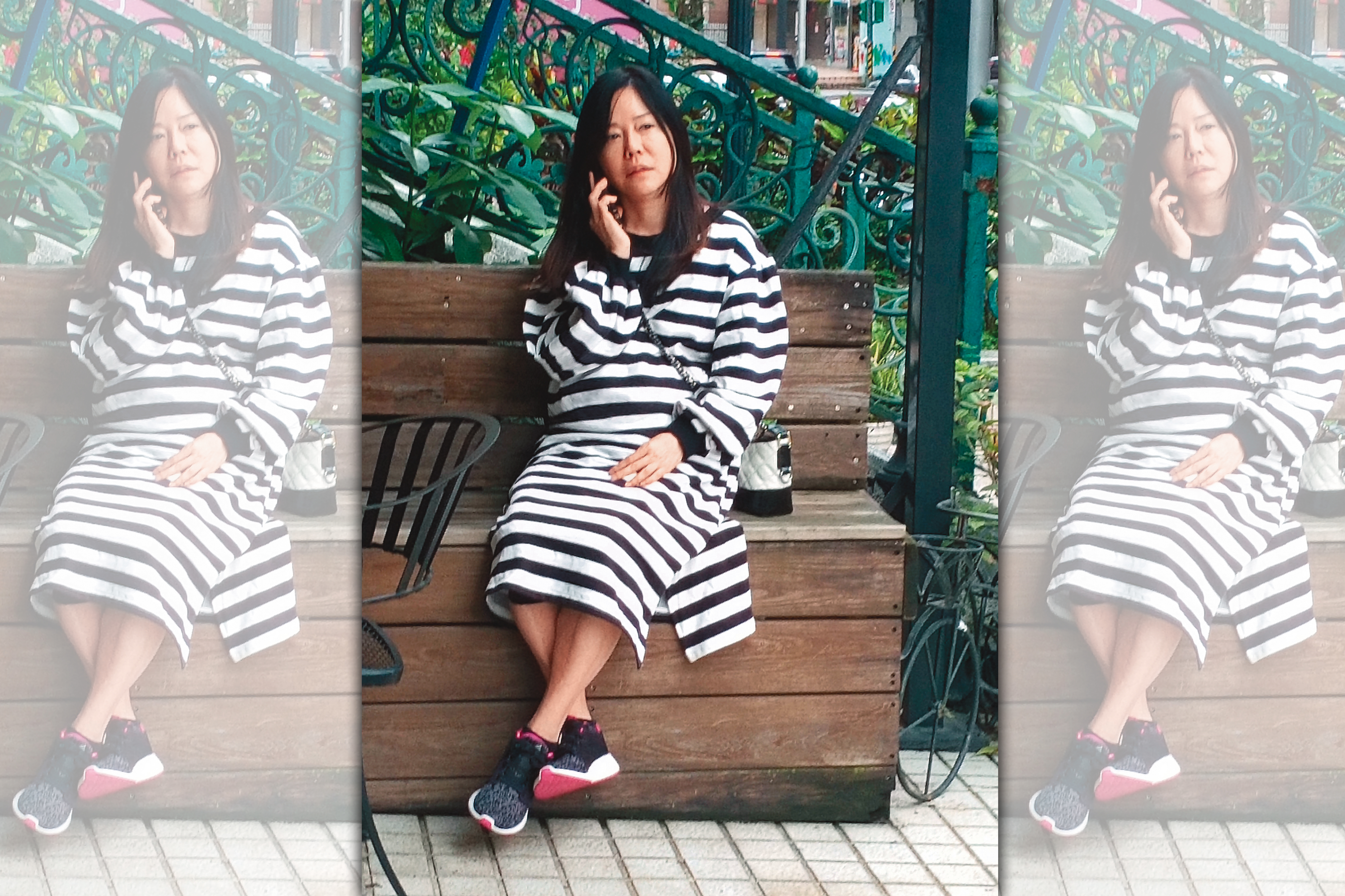 最近忙著寫論文又要照顧臥病媽媽的狄鶯,坐在日本料理店隔壁的咖啡廳外頭講電話,一圈肚子超級明顯。