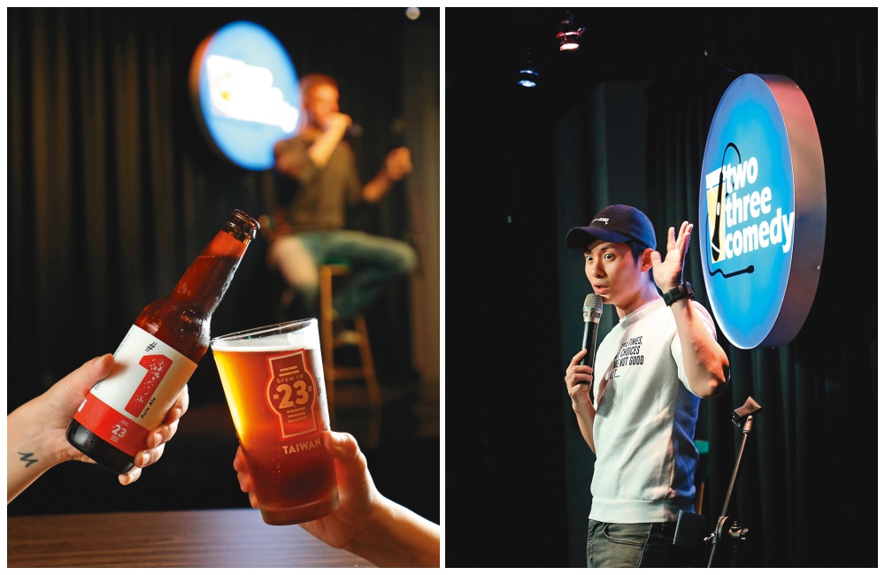 （左）帶有些許土芭樂、葡萄柚皮與藥草香氣的「台灣難波萬」，是23號啤酒針對台灣人偏好推出的首支美式淡艾爾。（160元／瓶）；（右）博恩每週四會在23喜劇俱樂部主持現場節目。