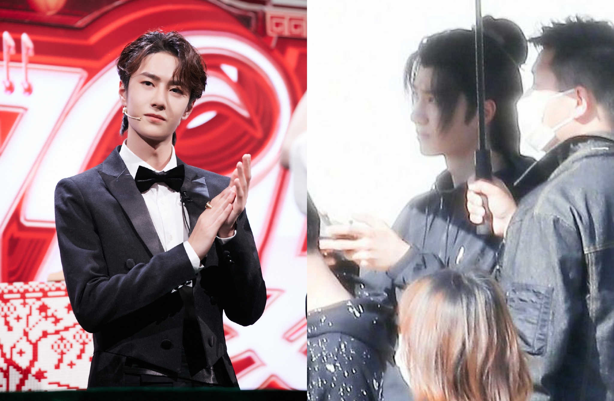 王一博在《有翡》拍攝片場用無人機抓偷拍。（左翻攝天天向上微博；右翻攝新浪娛樂微博）