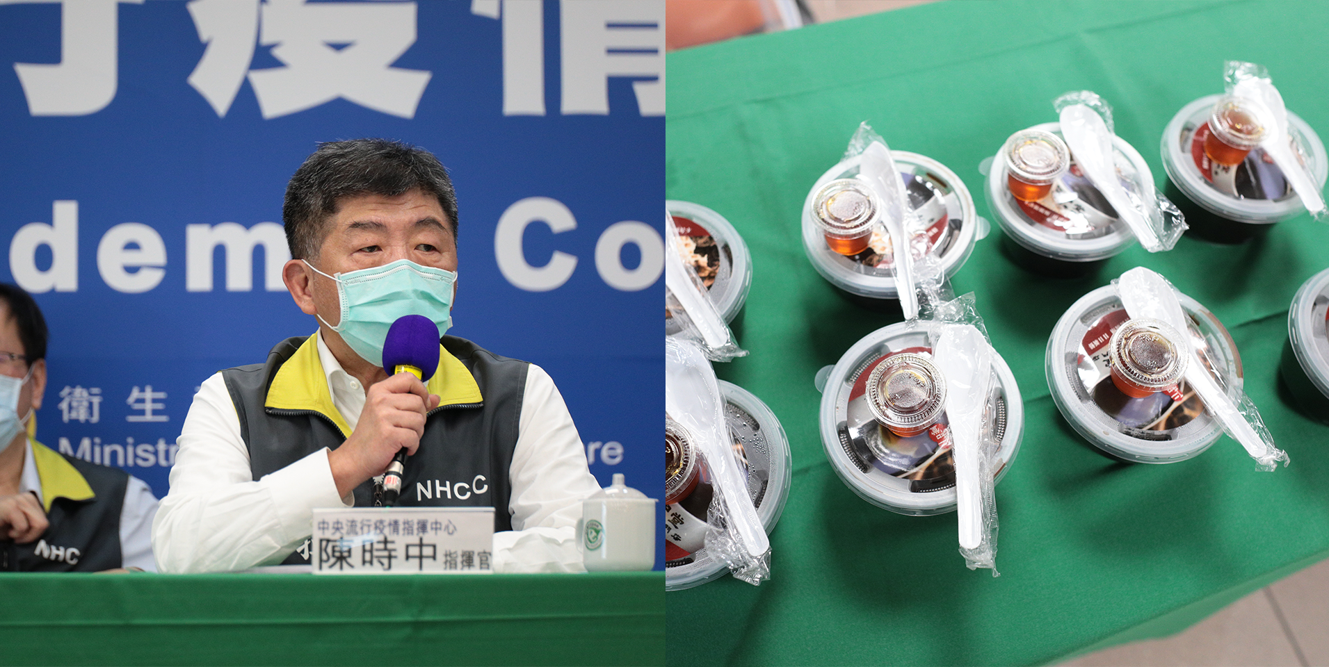 陳時中部長（左）28日記者會上，發送龜苓膏給現場記者再度引發話題。（指揮中心提供）